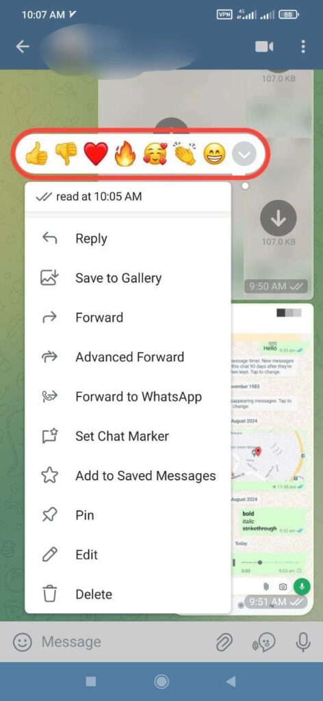 قابلیت ری اکشن به پیام تلگرام